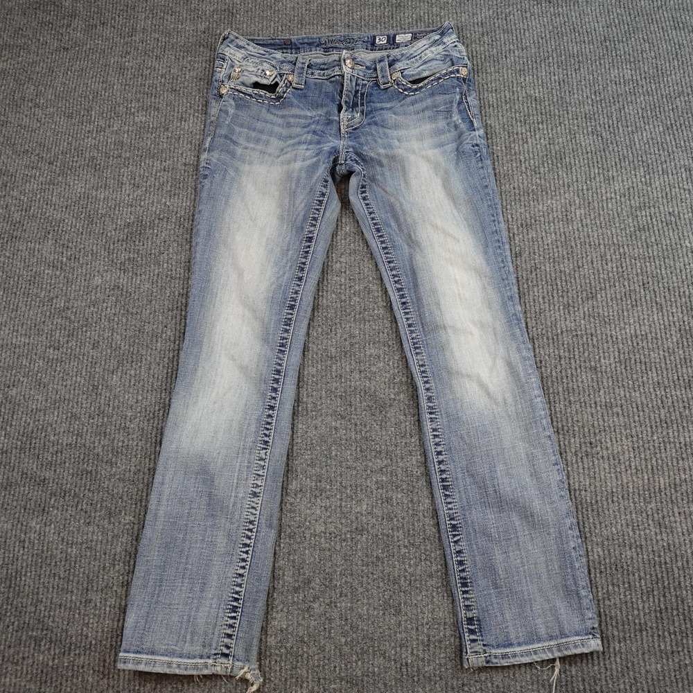 Miss Me Jeans Womens 30 Light Wash Ankle Straight Cross Rhinestone Pockets - Picture 2 of 13